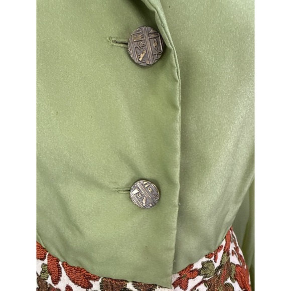 Vintage 70s Green Maxi Hostess Dress Floral Tapestry Skirt Bishop Sleeve Mod L - Picture 4 of 11